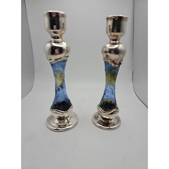 Vintage Pair 925 Silver and Blue Stained Glass Candle Holders - Picture 1 of 6